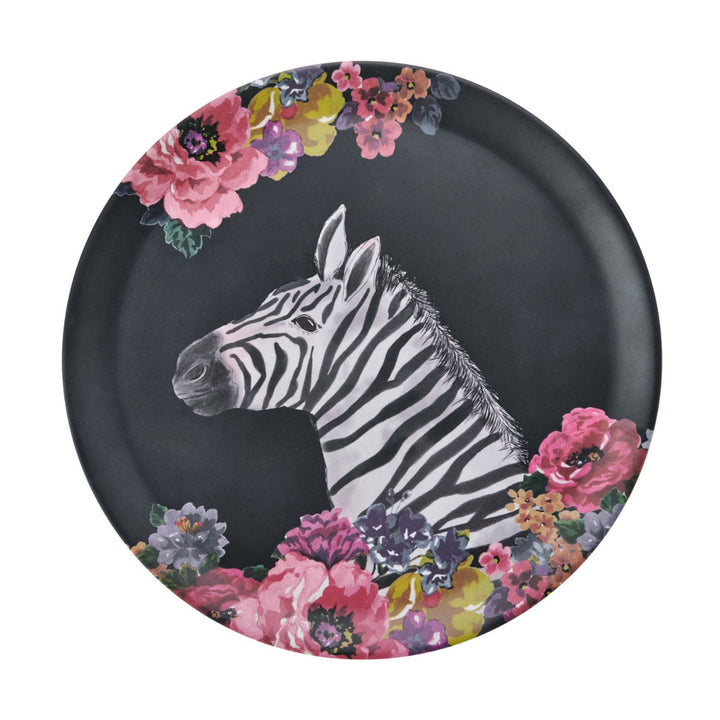 Floral round melamine serving tray with a zebra illustration.