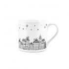 White fine china mug with black winter village scene print