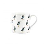 Scattered puffin lino-style printed fine bone china mug