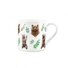 Large brown grizzly bear and leaves printed on a white fine bone china mug