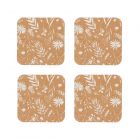 Set of four natural cork coasters featuring a white flowers print design.