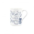 white bone china mug with a blue vintage book themed design