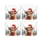 set of four highland cow print cork coasters featuring a novelty santa hat and snow