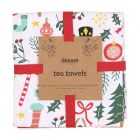 Set of two tea towels made from recycled cotton with festive patterns.