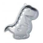 Dinosaur shaped cake pan made from silver anodised aluminium.