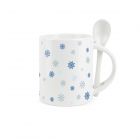 white ceramic snowflake print mug with spoon in handle