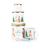 five piece nutcracker design hot chocolate gift set with three canisters, a mug and a mini whisk