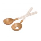 Mango wood salad servers set with enamelled handles, featuring white polka dots on a duck egg background.