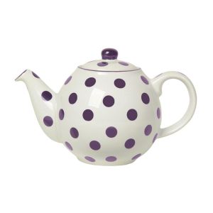 ivory and purple polka dot round ceramic teapot with a four cup capacity