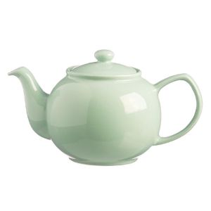 large mint green round teapot, serving six cups of tea