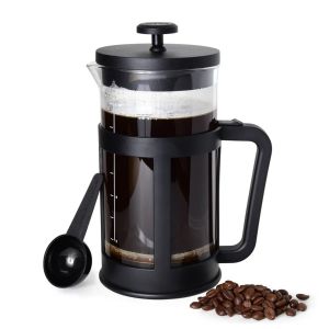 Black 8 cup french coffee press with a clear borosilicate glass carafe, featuring a lock & release button.