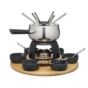 Stainless steel fondue set with bowls, forks, spoons and lazy Susan base