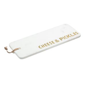 long rectangular white marble serving platter with cheese & pickles text in brass