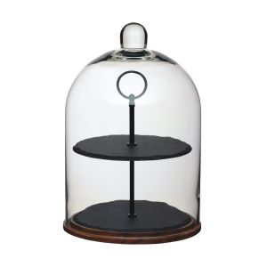 a two tier slate serving stand with a wooden base and a large glass dome lid