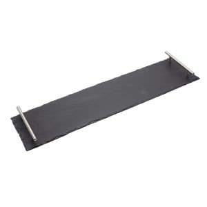 long rectangular slate serving platter with silver handles