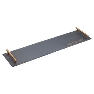 long slate serving platter with brass handles