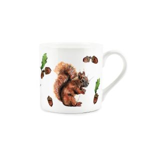 white bone china mug with a painted red squirrel and acorn design