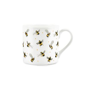 Fine bone china white mug with watercolour bees flying all around
