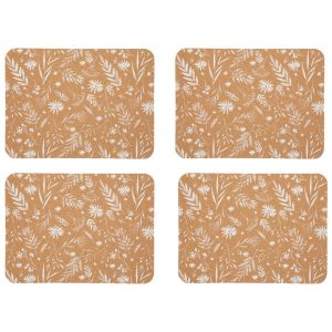 Set of four placemats made from natural biodegradable cork with a white flowers print design.