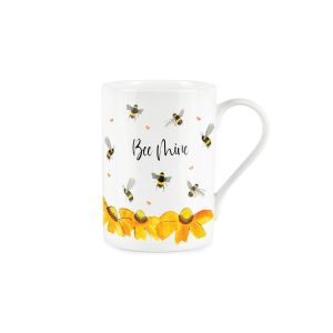 Valentines mug with flying bees, sunflower and love heart hand painted print and bee mine text
