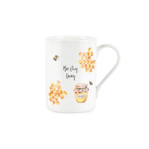 White ceramic fine china mug with Bee my Honey text and bee and honey comb print
