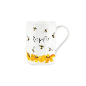 Watercolour painted bee and flower printed mug with Bee positive text