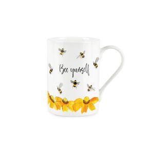 Hand-painted flying bee and sunflower printed mug with bee yourself text