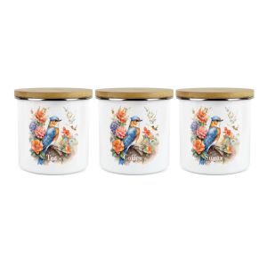 set of three bird design tea, coffee & sugar enamel canisters