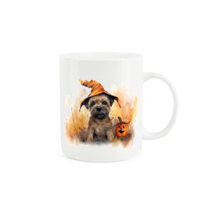 white bone china mug with a halloween themed border terrier dog design