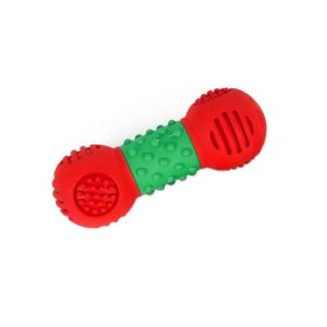 Red and green natural rubber dental gumbell toy for dogs