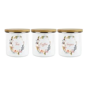 set of three white enamel canisters with a floral wreath print