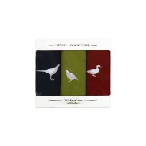 Pack of 3 cotton handkerchiefs featuring game bird deigns on different coloured linens - one wine red, one olive green and one navy blue.