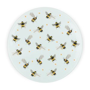 round glass chopping board with a bumblebee print