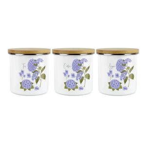 a tea, coffee & sugar canister set with a purple floral print