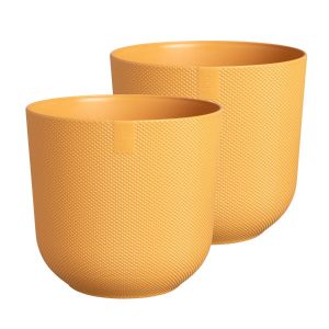 a bright amber yellow round indoor plant pot with textured diamond finish
