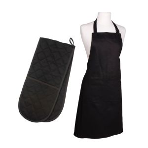 black cotton kitchen linens set containing an apron and double oven glove