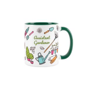 Ceramic mug with assistant gardener print and gardening tool illustrations