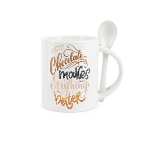 white ceramic mug & spoon set with text reading 'Hot Chocolate Makes Everything Better'