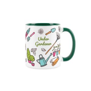 Gardening mug with under gardener text and cute gardening equipment illustrations