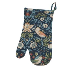 Single oven glove featuring the William Morris Strawberry Thief print on a navy blue background.