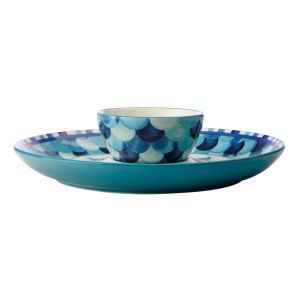 a ceramic chip & dip serving platter set, with a marine inspired blue design