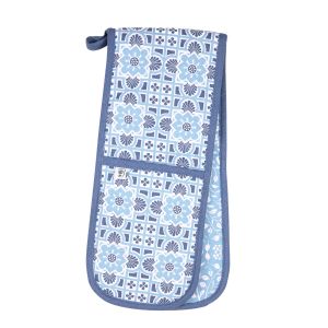 blue tile print double oven glove, made from organic cotton