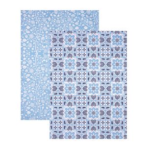 set of two organic cotton tea towels, with blue floral and tile prints