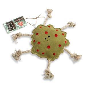 green and red splodge shaped dog chew toy with rope additions, made from jute fibre and soft suede