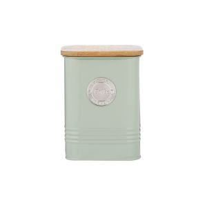 a mint green metal coffee storage canister with bamboo lid