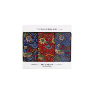 Pack of 3 cotton handkerchiefs featuring the Strawberry Thief design by William Morris, on different coloured backgrounds.