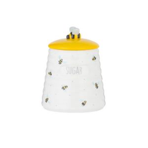 Sugar storage jar in the shaped of a beehive, with flying bee print
