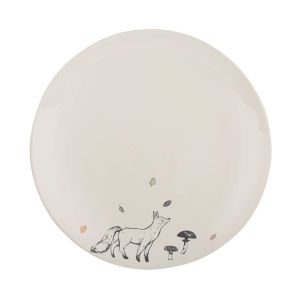 a cream stoneware dinner plate, with a navy blue fox decal