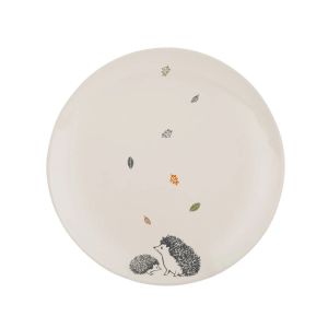 a cream ceramic side plate, with two hedgehog decals and falling leaves